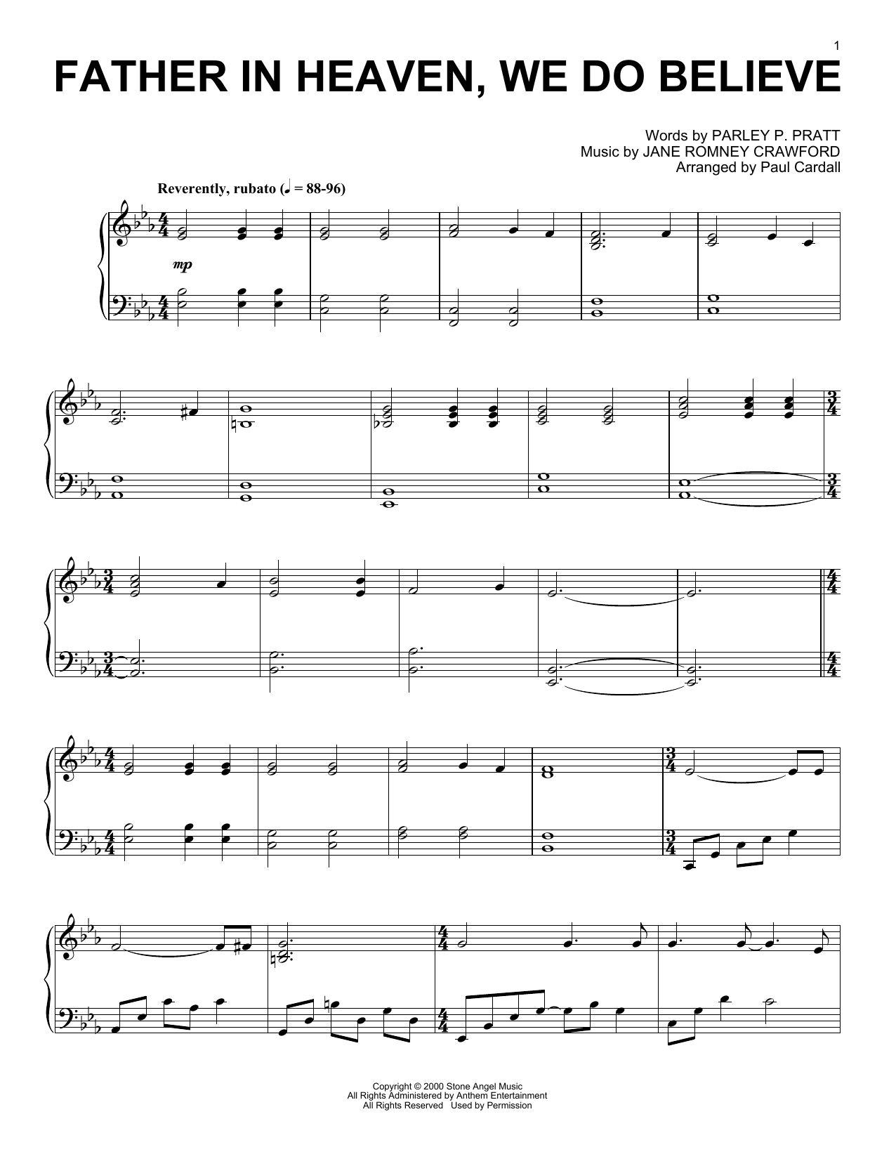 Download Jane Romney Crawford Father In Heaven, We Do Believe (arr. Paul Cardall) Sheet Music and learn how to play Piano Solo PDF digital score in minutes