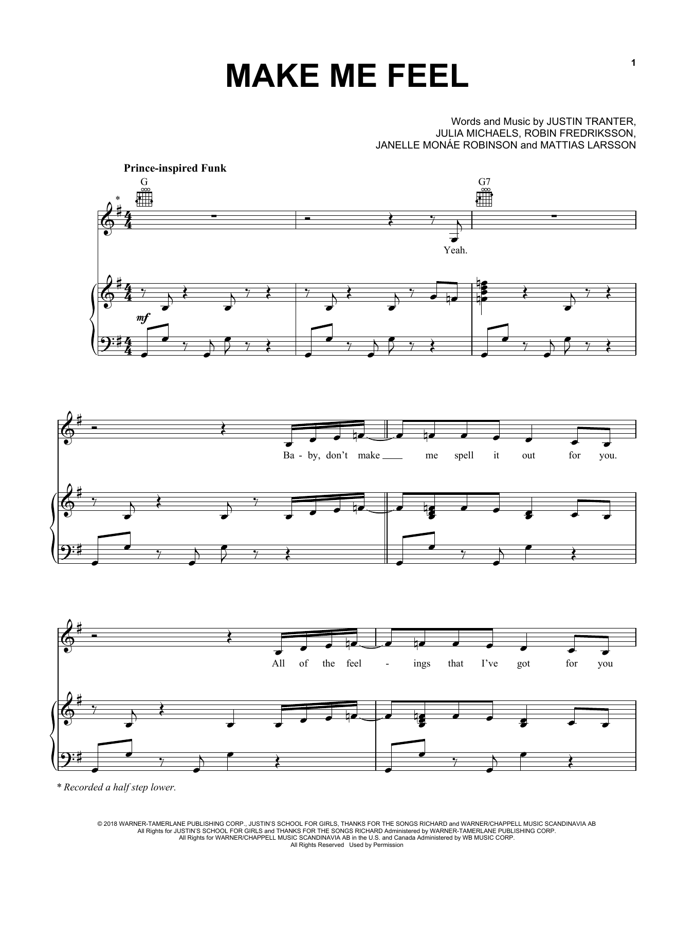 Download Janelle Monae Make Me Feel Sheet Music and learn how to play Piano, Vocal & Guitar (Right-Hand Melody) PDF digital score in minutes