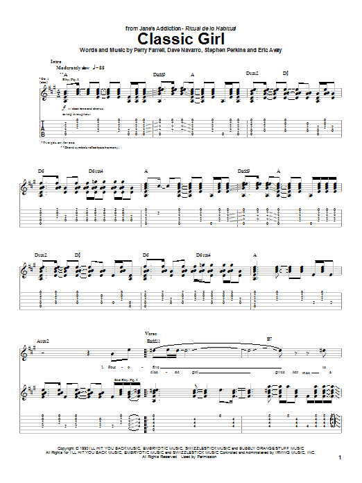 Download Jane's Addiction Classic Girl Sheet Music and learn how to play Guitar Tab PDF digital score in minutes