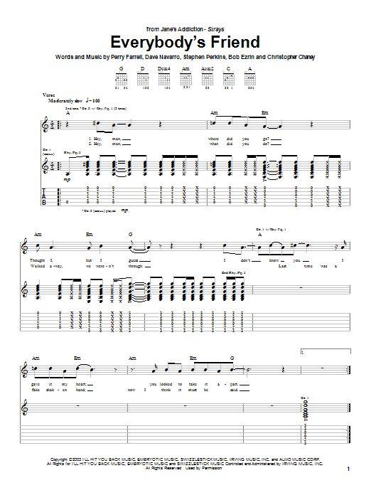 Download Jane's Addiction Everybody's Friend Sheet Music and learn how to play Guitar Tab PDF digital score in minutes