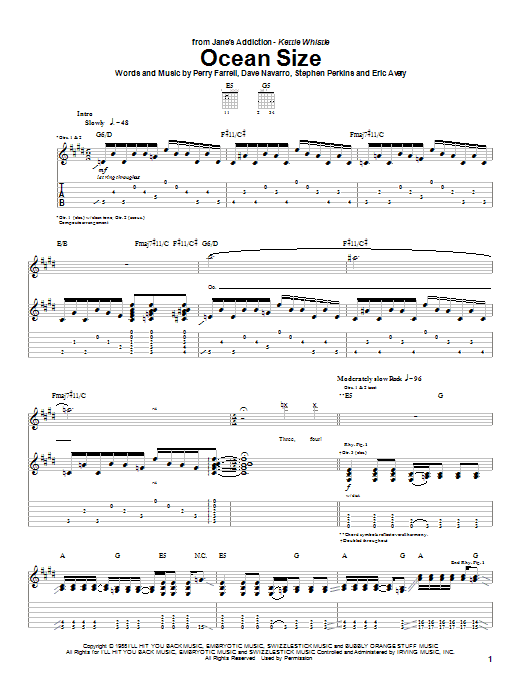 Download Jane's Addiction Ocean Size Sheet Music and learn how to play Guitar Tab PDF digital score in minutes
