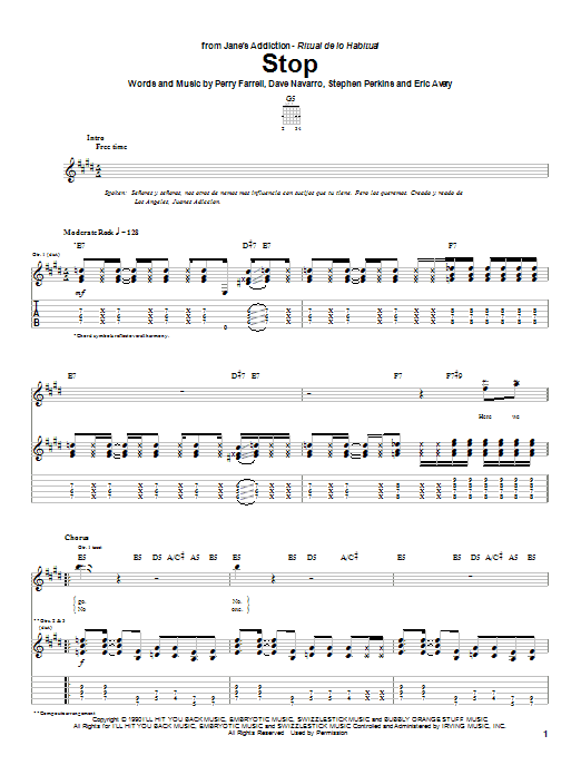Download Jane's Addiction Stop Sheet Music and learn how to play Guitar Tab PDF digital score in minutes
