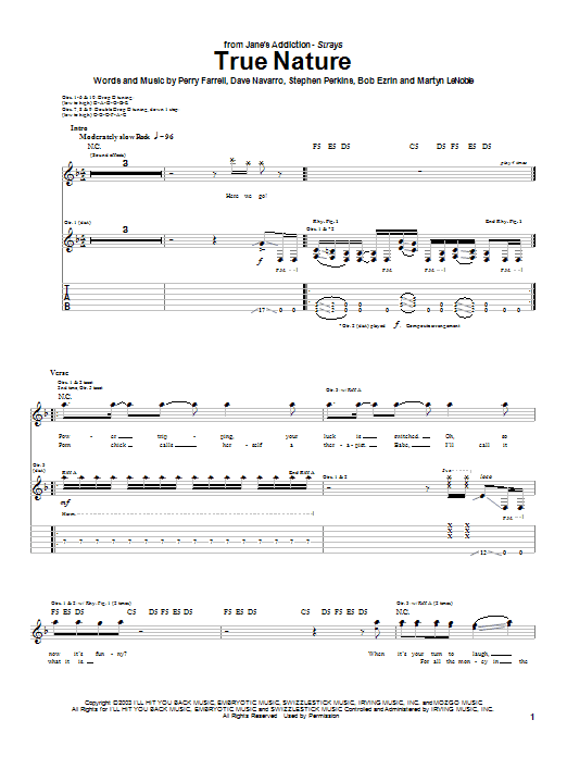 Download Jane's Addiction True Nature Sheet Music and learn how to play Guitar Chords/Lyrics PDF digital score in minutes
