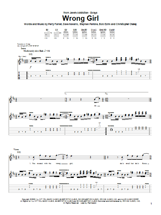 Download Jane's Addiction Wrong Girl Sheet Music and learn how to play Guitar Tab PDF digital score in minutes