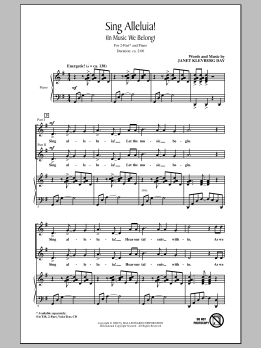 Download Janet Day Sing Alleluia! (In Music We Belong) Sheet Music and learn how to play 2-Part Choir PDF digital score in minutes