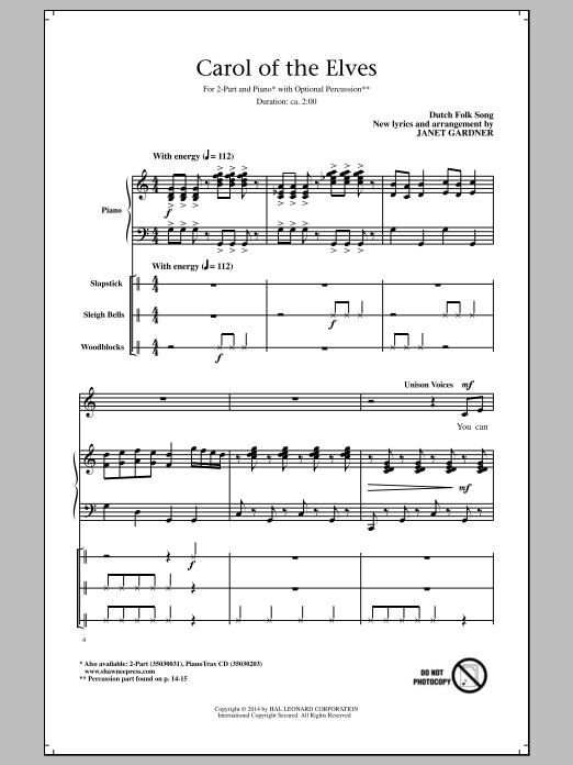 Download Janet Gardner Carol Of The Elves Sheet Music and learn how to play 2-Part Choir PDF digital score in minutes