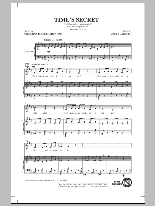 Download Janet Gardner Time's Secret Sheet Music and learn how to play 2-Part Choir PDF digital score in minutes