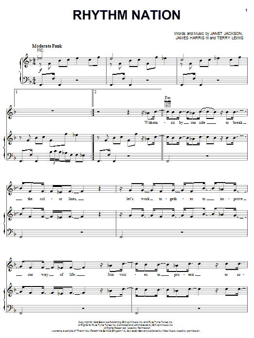 Download Janet Jackson Rhythm Nation Sheet Music and learn how to play Piano, Vocal & Guitar (Right-Hand Melody) PDF digital score in minutes