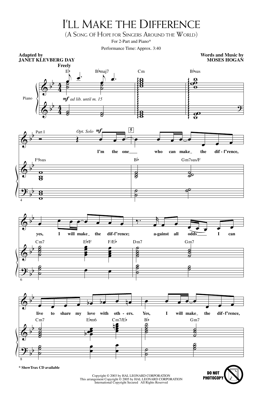 Download Janet Klevberg Day I'll Make The Difference (A Song Of Hope For Singers Around The World) Sheet Music and learn how to play 2-Part Choir PDF digital score in minutes