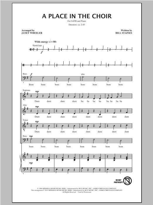 Download Bill Staines A Place In The Choir (arr. Janet Wheeler) Sheet Music and learn how to play SATB PDF digital score in minutes