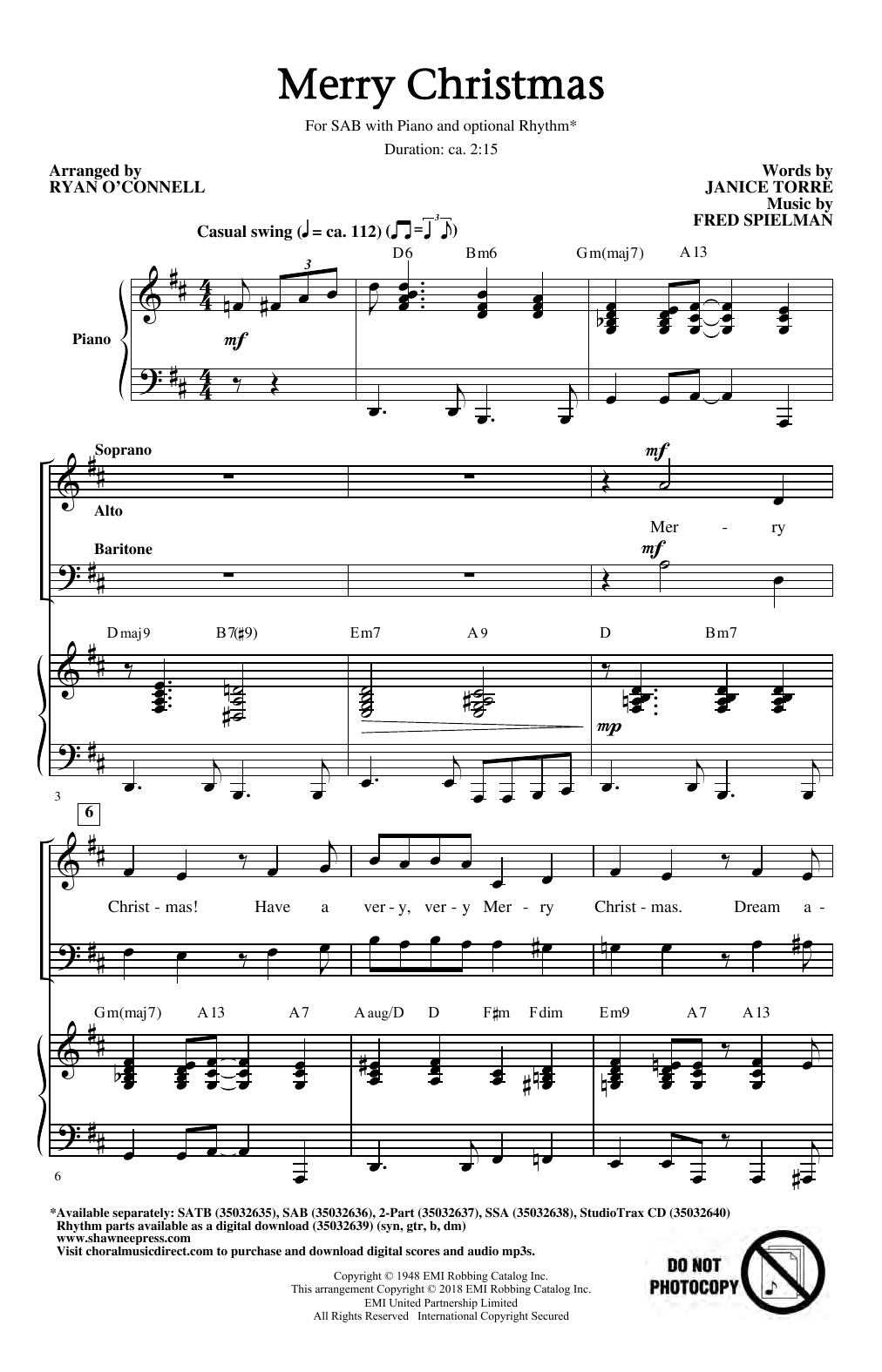 Download Janice Torre & Fred Spielman Merry Christmas (arr. Ryan O'Connell) Sheet Music and learn how to play 2-Part Choir PDF digital score in minutes