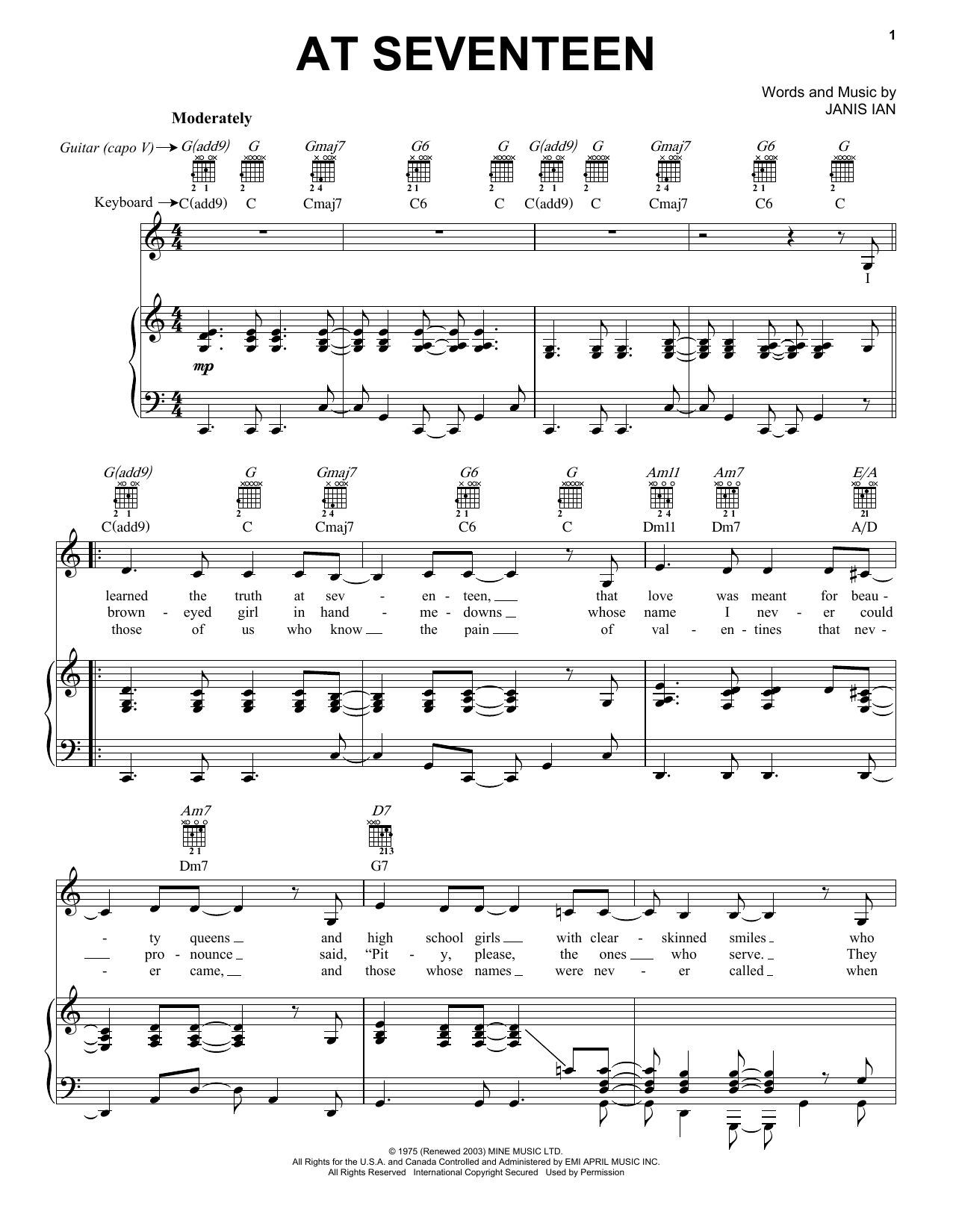 Download Janis Ian At Seventeen Sheet Music and learn how to play Lyrics & Chords PDF digital score in minutes