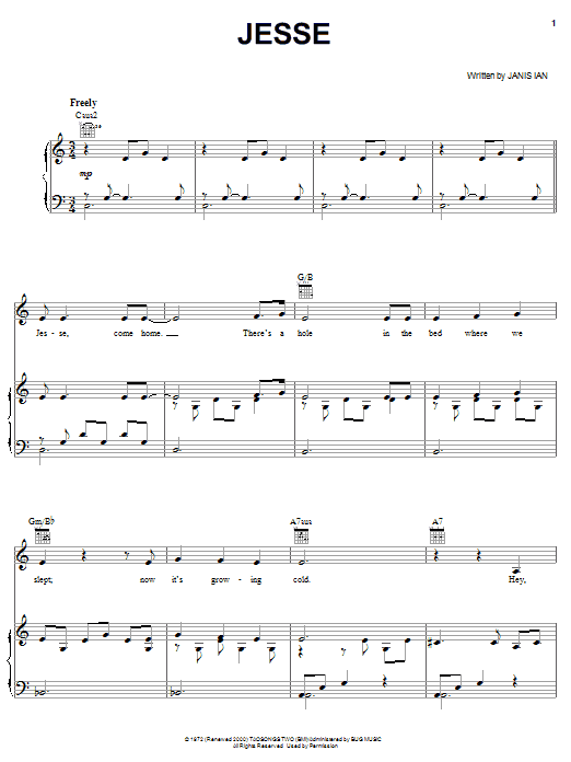 Download Janis Ian Jesse Sheet Music and learn how to play Piano, Vocal & Guitar (Right-Hand Melody) PDF digital score in minutes