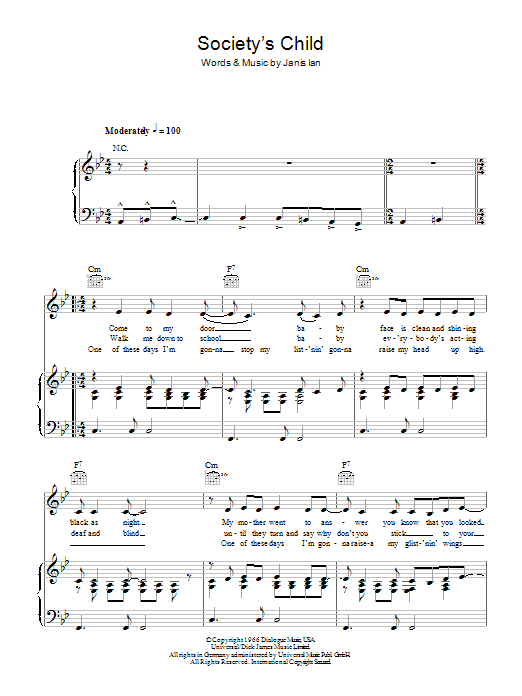 Download Janis Ian Society's Child Sheet Music and learn how to play Piano, Vocal & Guitar (Right-Hand Melody) PDF digital score in minutes