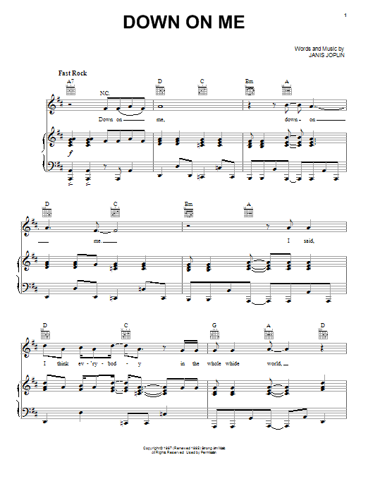 Download Janis Joplin Down On Me Sheet Music and learn how to play Piano, Vocal & Guitar (Right-Hand Melody) PDF digital score in minutes