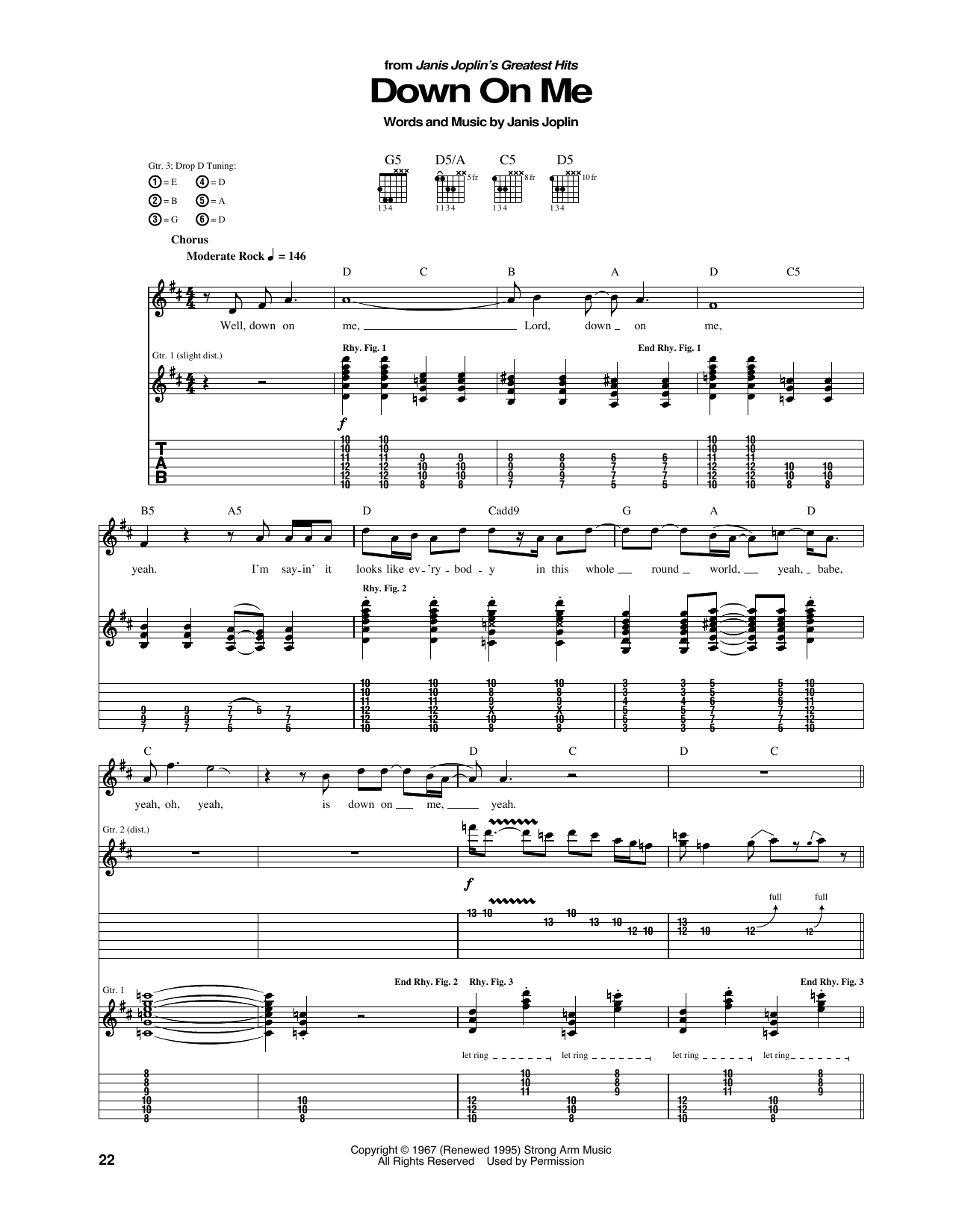 Download Janis Joplin Down On Me Sheet Music and learn how to play Guitar Tab PDF digital score in minutes