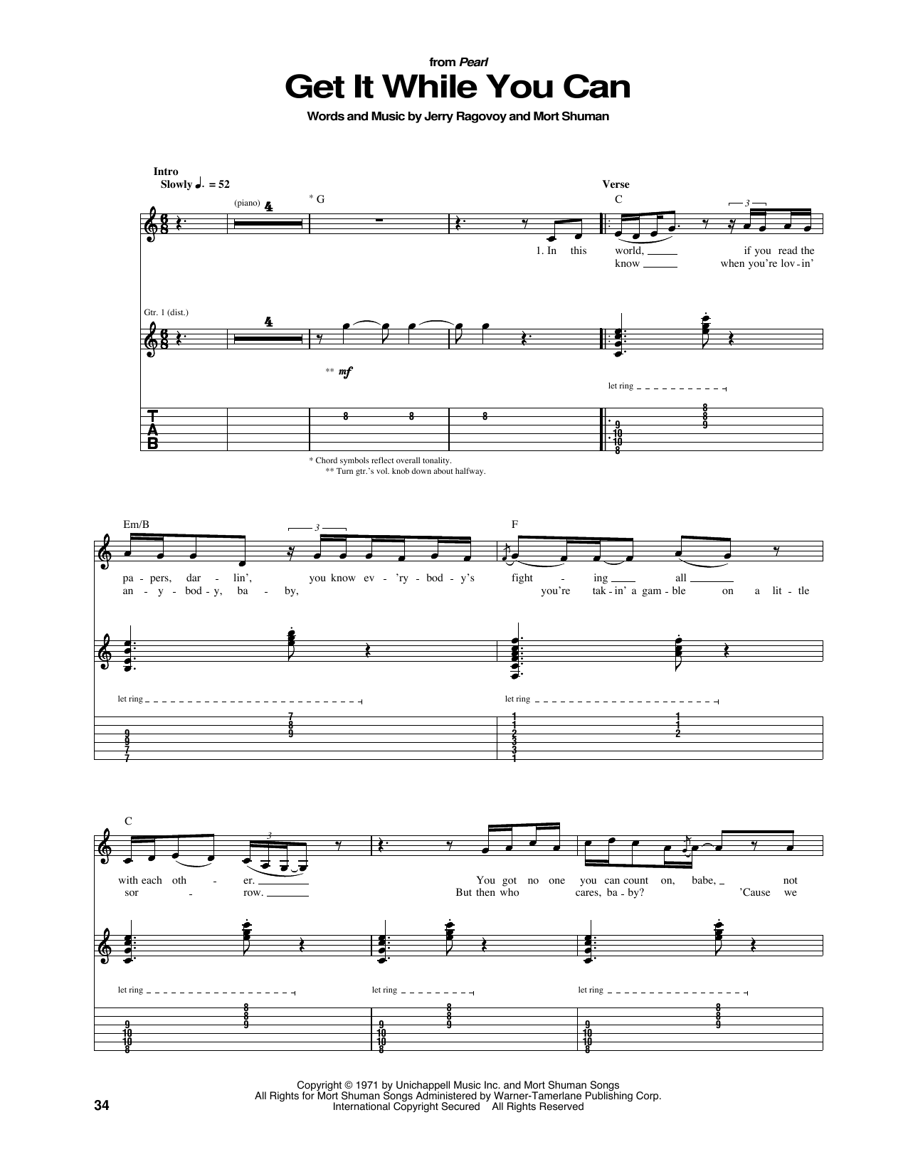 Download Janis Joplin Get It While You Can Sheet Music and learn how to play Guitar Tab PDF digital score in minutes