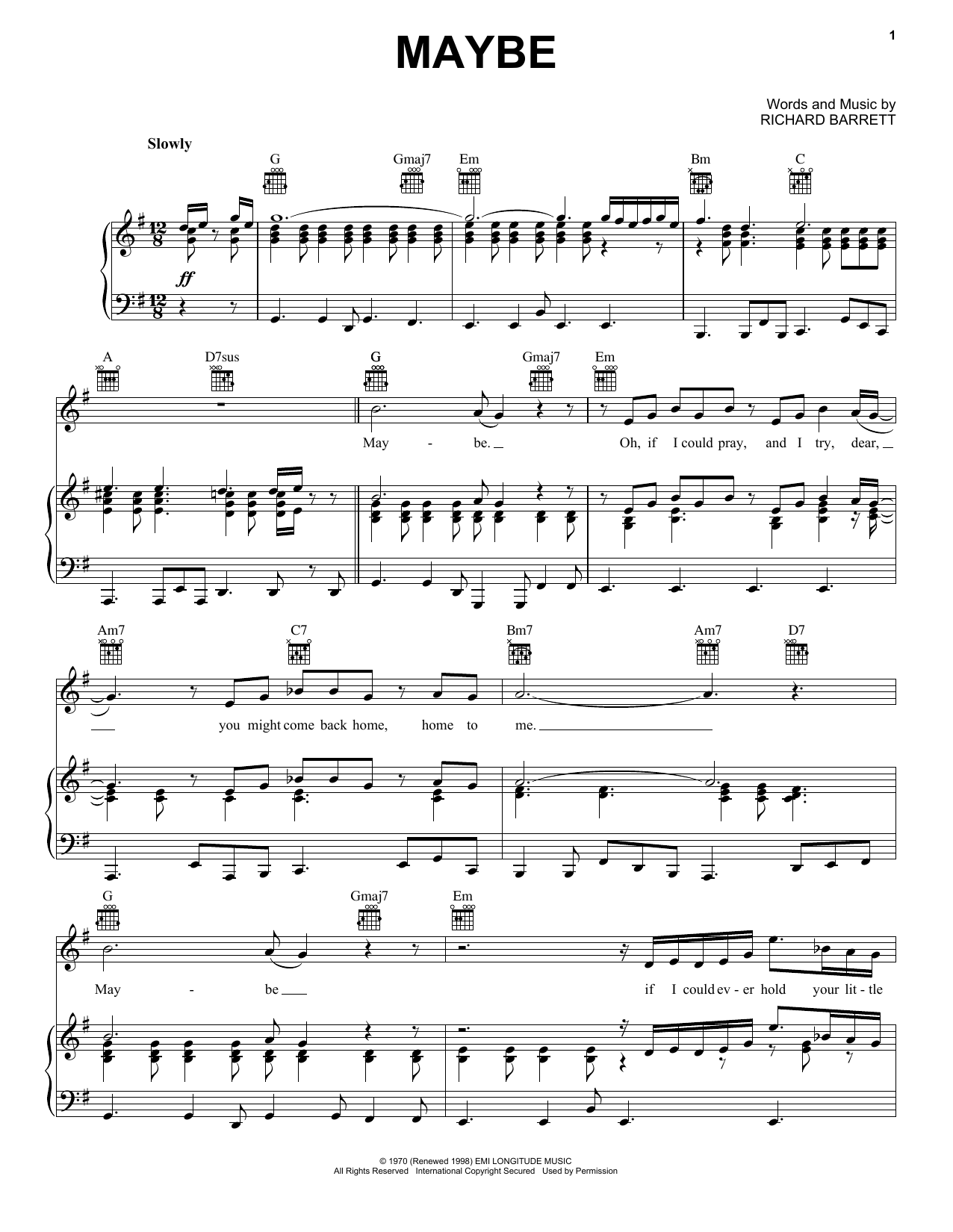 Download Janis Joplin Maybe Sheet Music and learn how to play Piano, Vocal & Guitar (Right-Hand Melody) PDF digital score in minutes