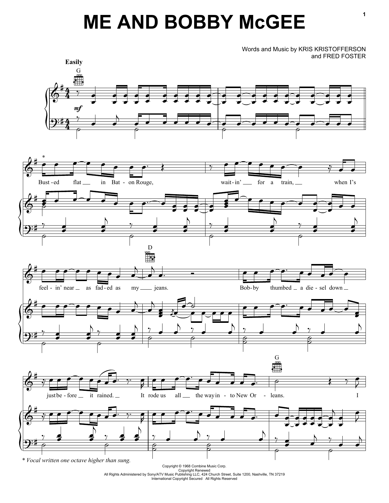Download Janis Joplin Me And Bobby McGee Sheet Music and learn how to play Piano, Vocal & Guitar (Right-Hand Melody) PDF digital score in minutes
