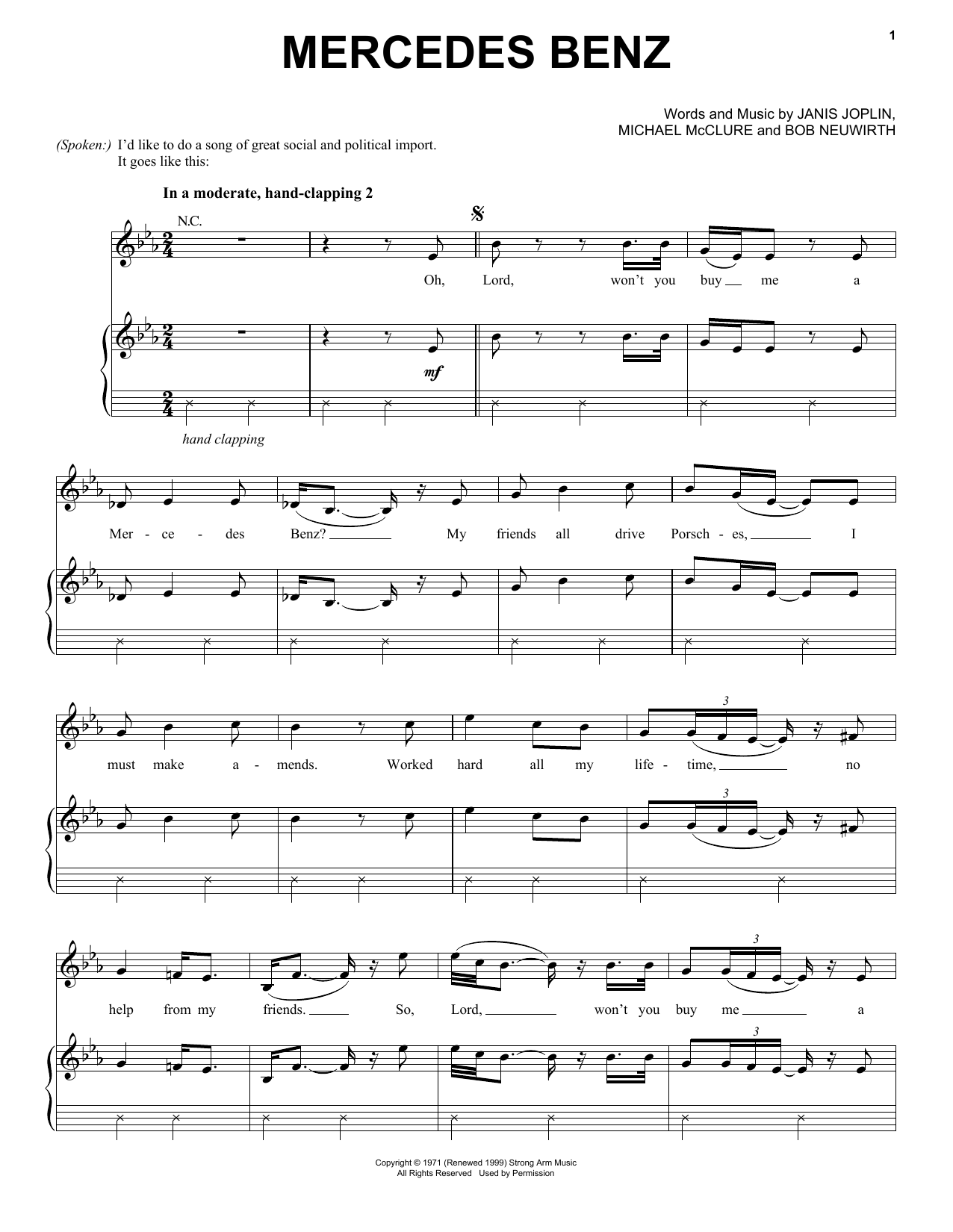 Download Janis Joplin Mercedes Benz Sheet Music and learn how to play Piano, Vocal & Guitar (Right-Hand Melody) PDF digital score in minutes