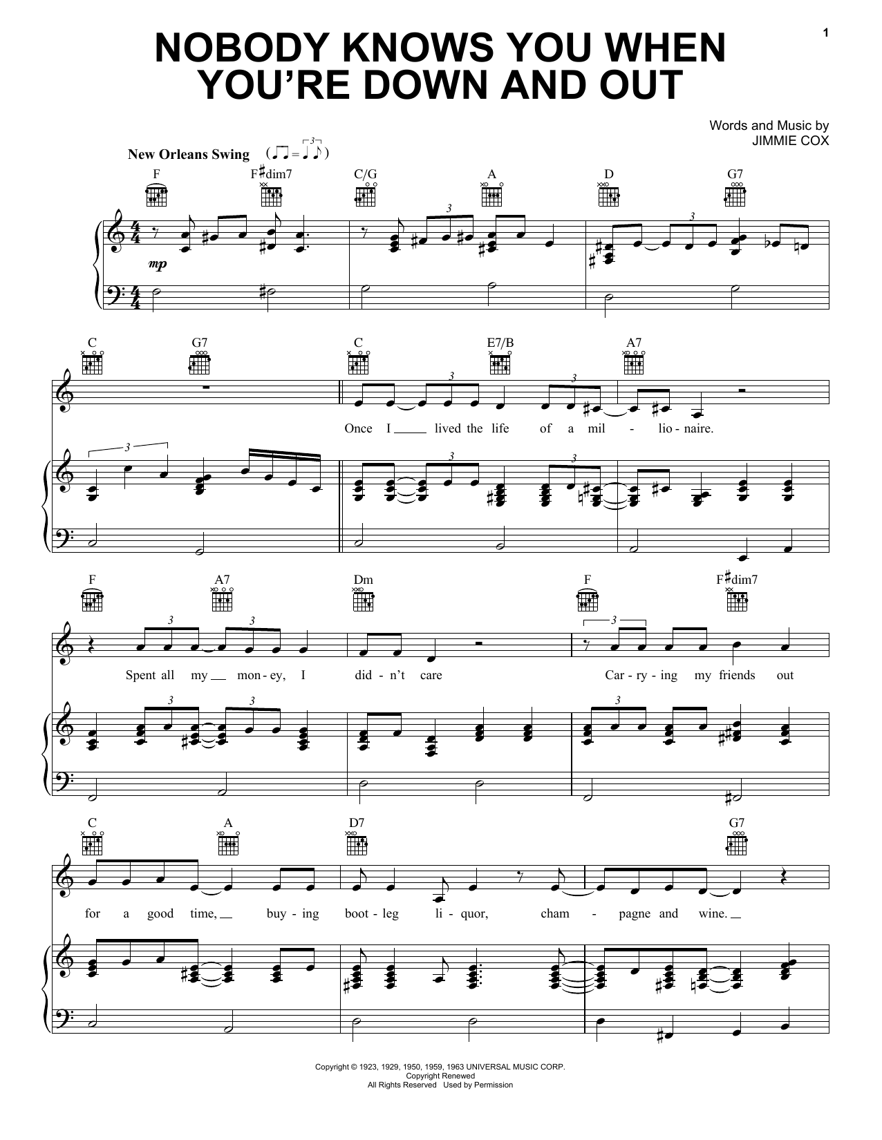 Download Janis Joplin Nobody Knows You When You're Down And Out Sheet Music and learn how to play Piano, Vocal & Guitar (Right-Hand Melody) PDF digital score in minutes