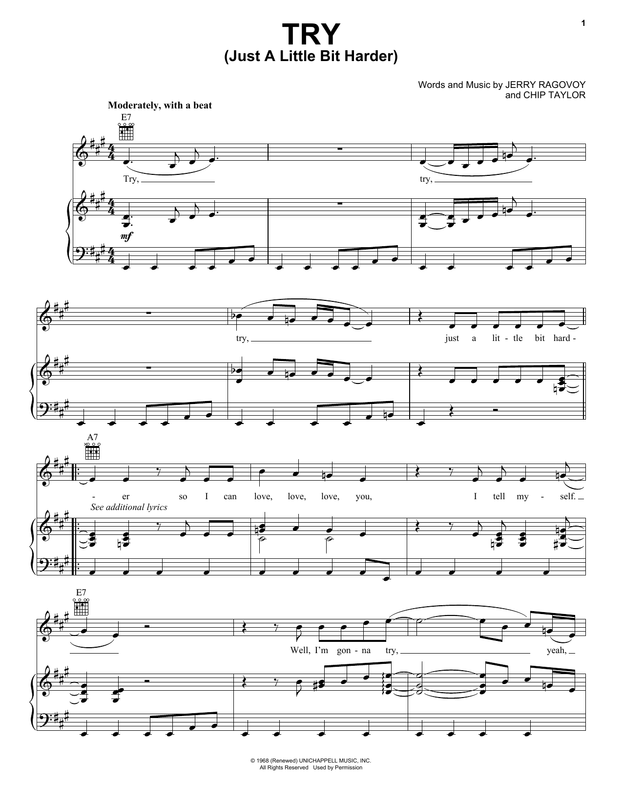 Download Janis Joplin Try (Just A Little Bit Harder) Sheet Music and learn how to play Piano, Vocal & Guitar (Right-Hand Melody) PDF digital score in minutes
