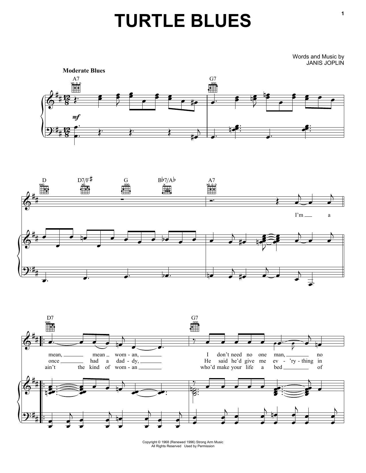 Download Janis Joplin Turtle Blues Sheet Music and learn how to play Piano, Vocal & Guitar (Right-Hand Melody) PDF digital score in minutes