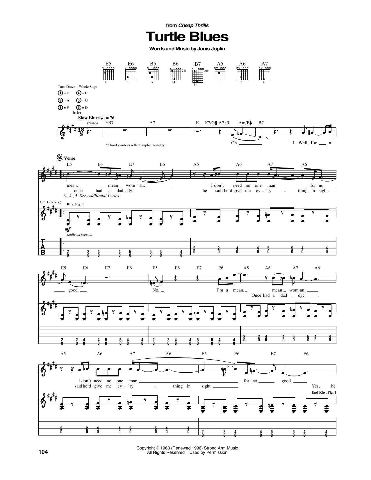 Download Janis Joplin Turtle Blues Sheet Music and learn how to play Guitar Tab PDF digital score in minutes