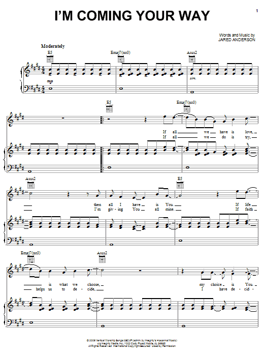Download Jared Anderson I'm Coming Your Way Sheet Music and learn how to play Piano, Vocal & Guitar (Right-Hand Melody) PDF digital score in minutes