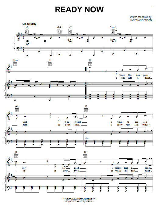 Download Jared Anderson Ready Now Sheet Music and learn how to play Piano, Vocal & Guitar (Right-Hand Melody) PDF digital score in minutes