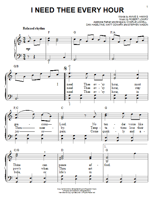 Download Jars Of Clay I Need Thee Every Hour Sheet Music and learn how to play Easy Piano PDF digital score in minutes