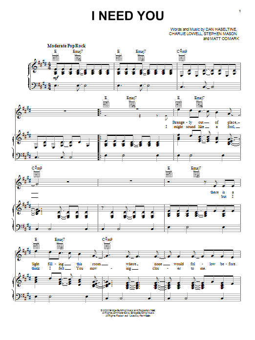 Download Jars Of Clay I Need You Sheet Music and learn how to play Piano, Vocal & Guitar (Right-Hand Melody) PDF digital score in minutes