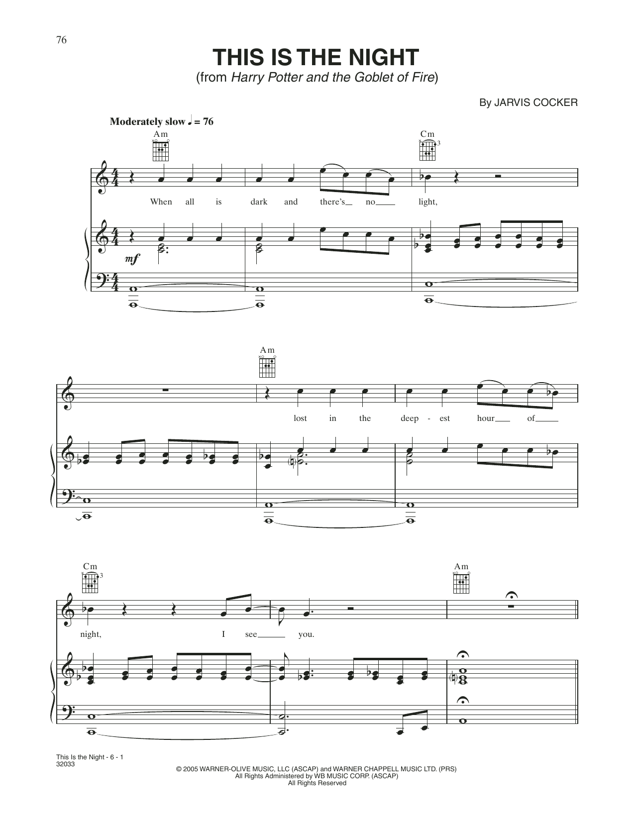 Download Jarvis Cocker This Is The Night (from Harry Potter And The Goblet Of Fire) Sheet Music and learn how to play Piano, Vocal & Guitar Chords (Right-Hand Melody) PDF digital score in minutes