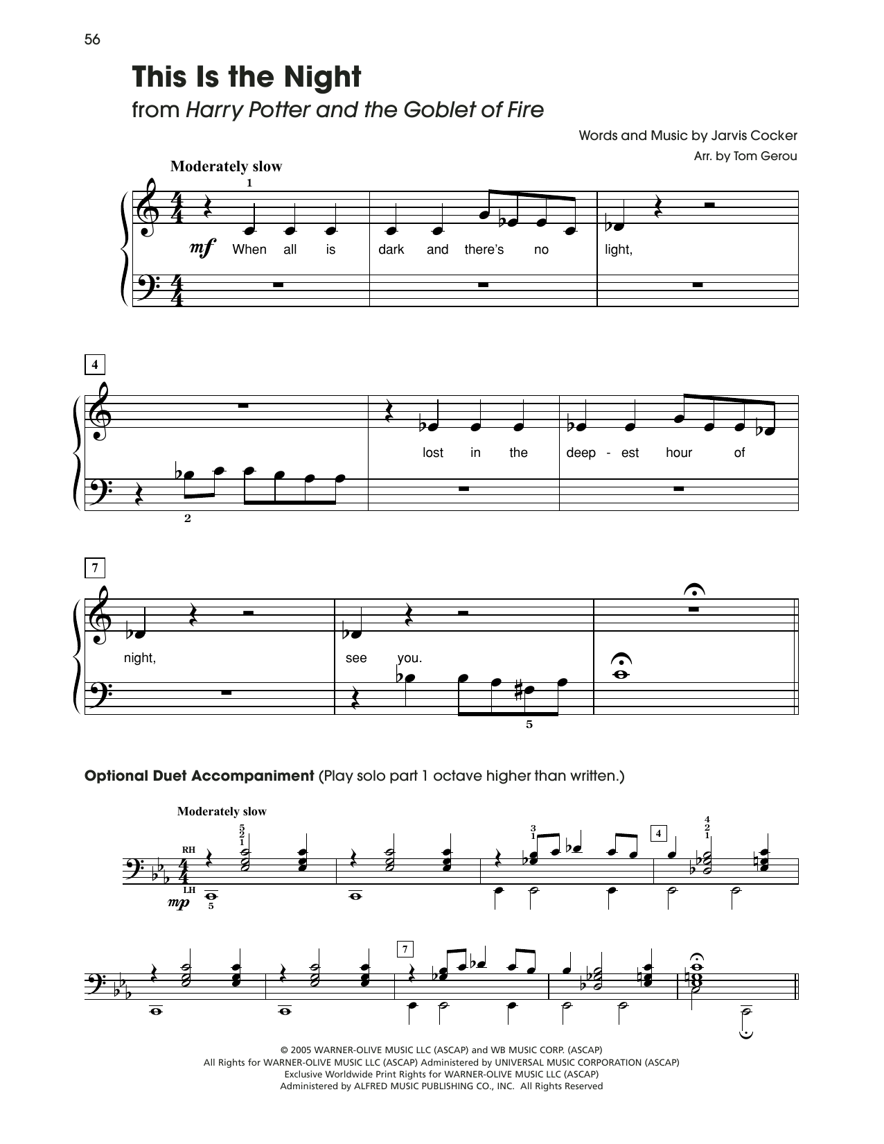 Download Jarvis Cocker This Is The Night (from Harry Potter) (arr. Tom Gerou) Sheet Music and learn how to play 5-Finger Piano PDF digital score in minutes