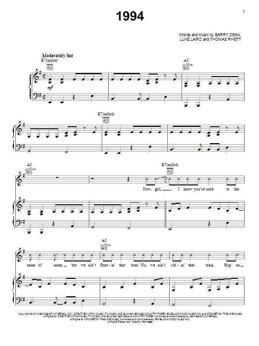 Download Jason Aldean 1994 Sheet Music and learn how to play Piano, Vocal & Guitar (Right-Hand Melody) PDF digital score in minutes