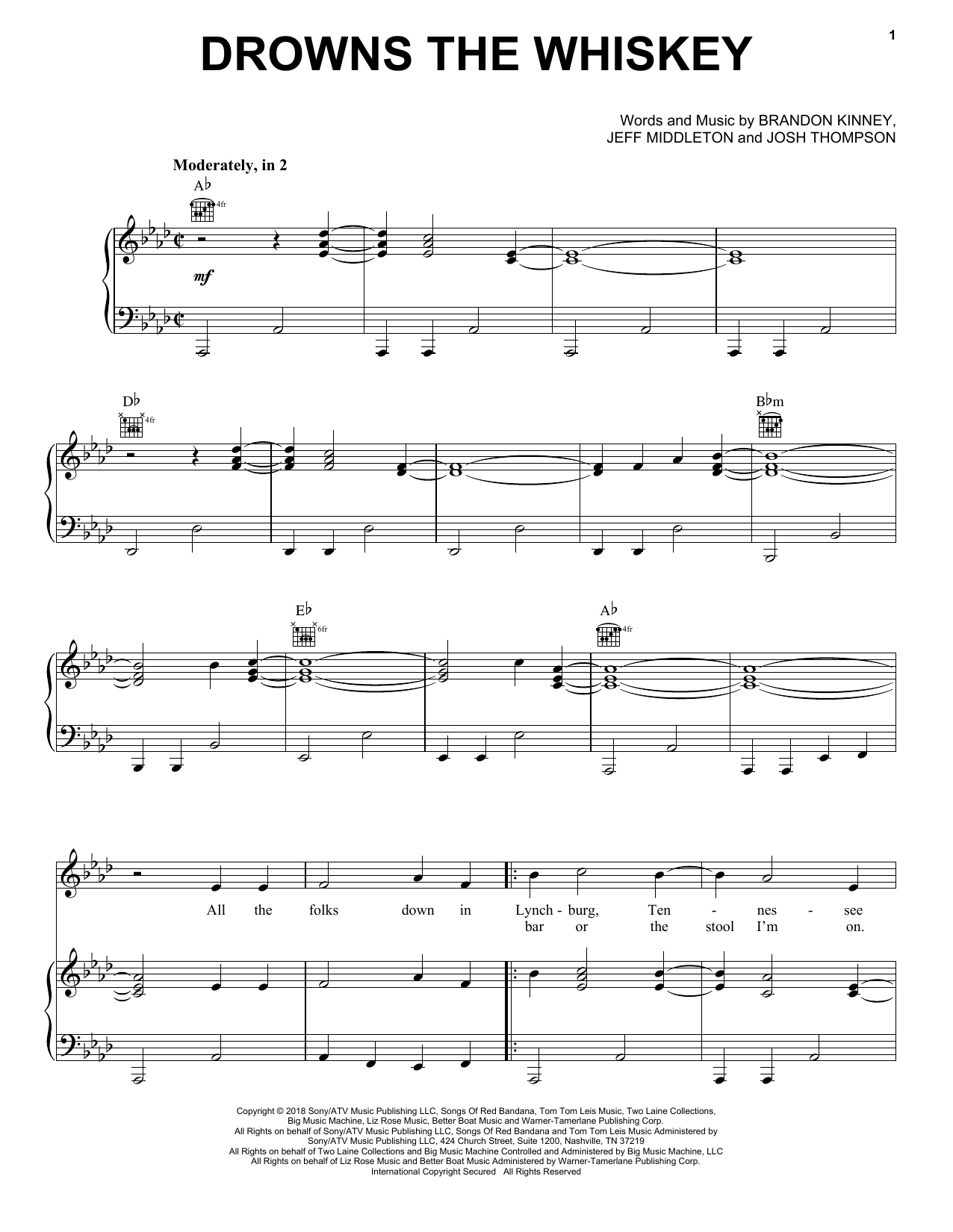 Download Jason Aldean Drowns The Whiskey (Feat. Miranda Lambert) Sheet Music and learn how to play Piano, Vocal & Guitar Chords (Right-Hand Melody) PDF digital score in minutes