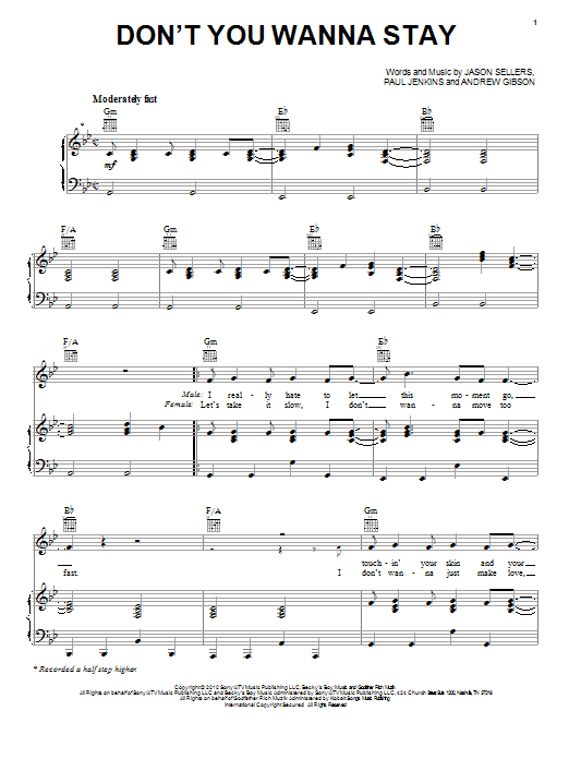 Download Jason Aldean featuring Kelly Clarkson Don't You Wanna Stay Sheet Music and learn how to play Piano, Vocal & Guitar (Right-Hand Melody) PDF digital score in minutes