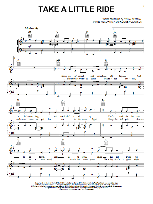Download Jason Aldean Take A Little Ride Sheet Music and learn how to play Piano, Vocal & Guitar (Right-Hand Melody) PDF digital score in minutes
