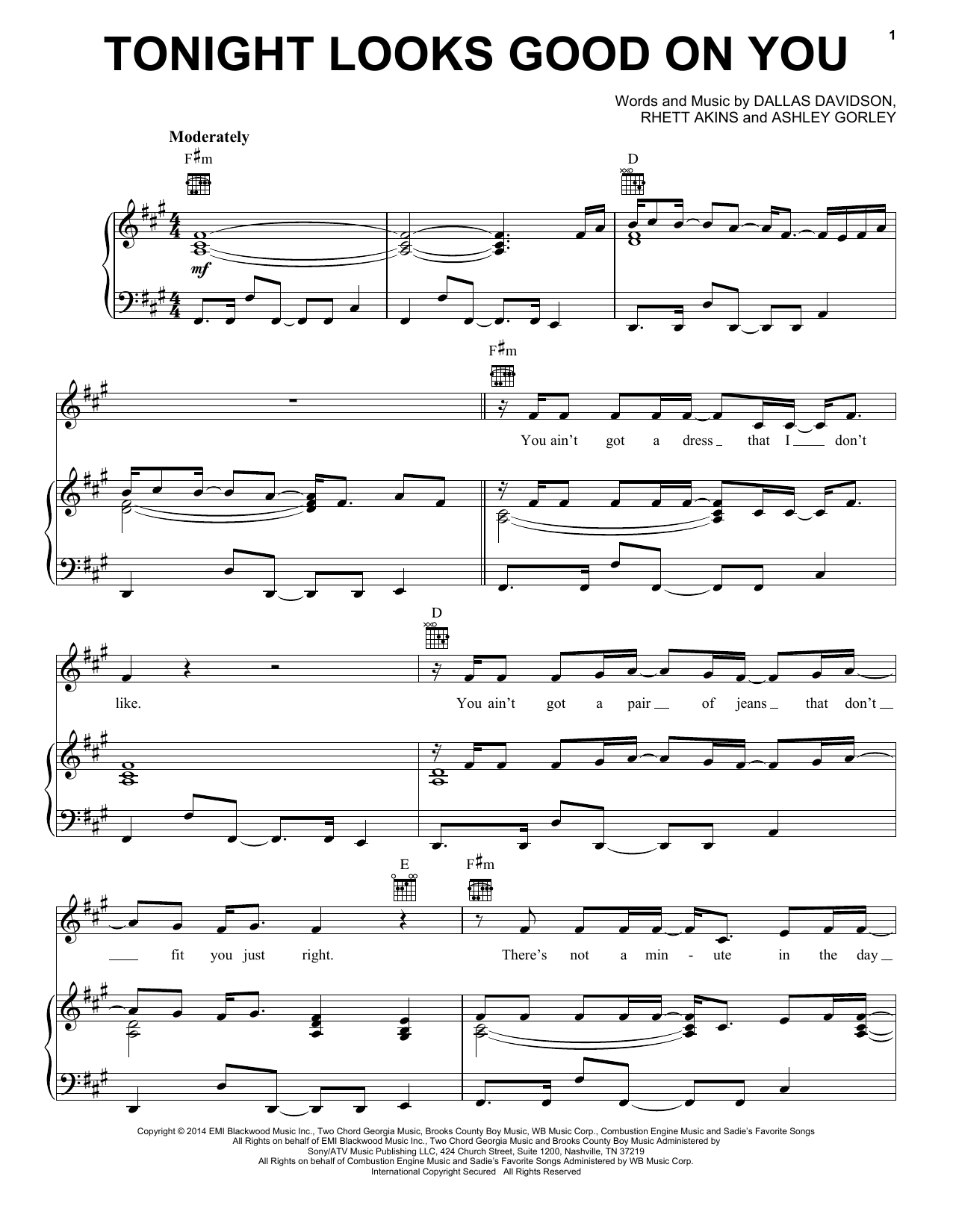 Download Jason Aldean Tonight Looks Good On You Sheet Music and learn how to play Piano, Vocal & Guitar (Right-Hand Melody) PDF digital score in minutes