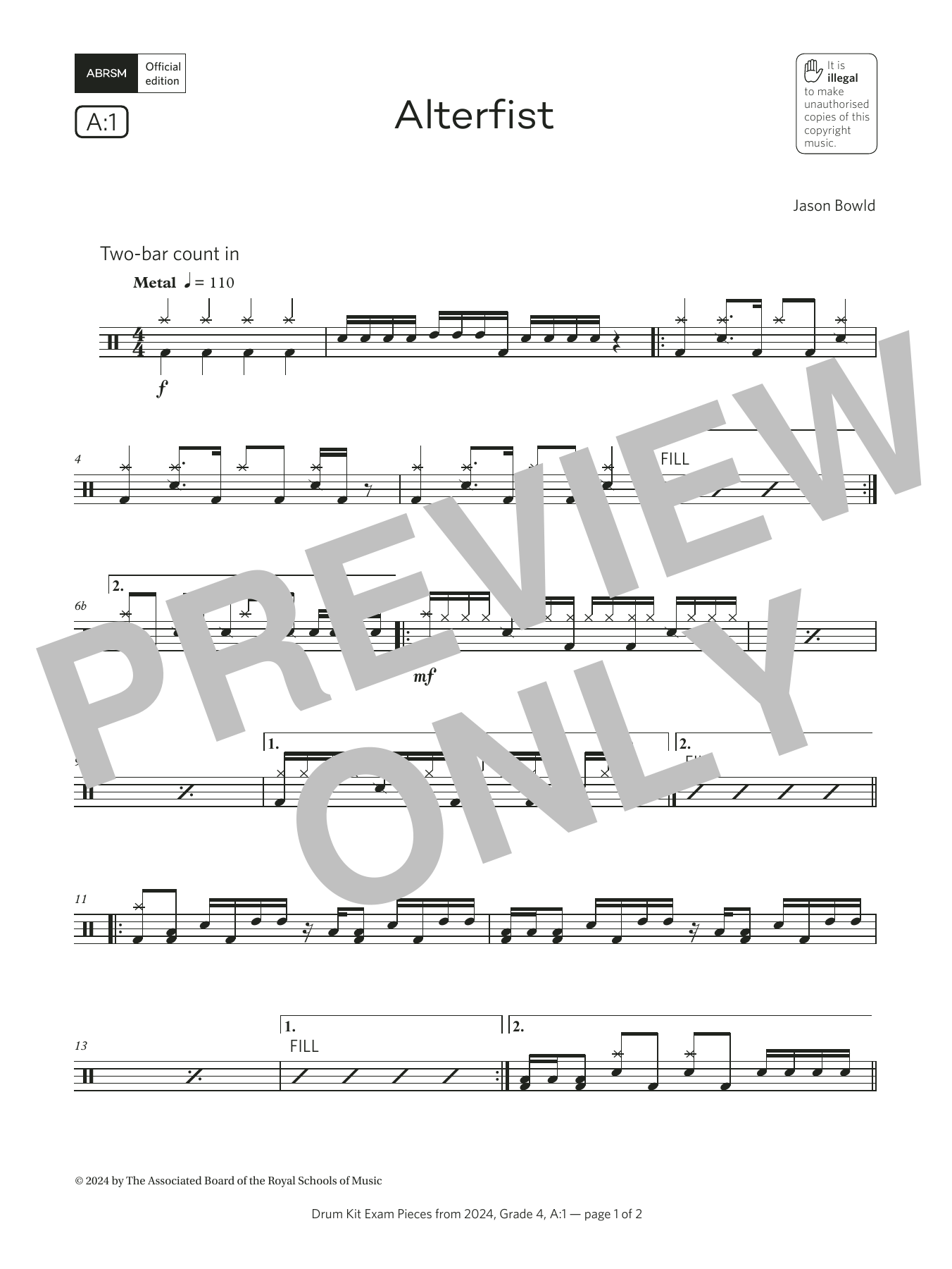 Download Jason Bowld Alterfist (Grade 4, list A1, from the ABRSM Drum Kit Syllabus 2024) Sheet Music and learn how to play Drums PDF digital score in minutes