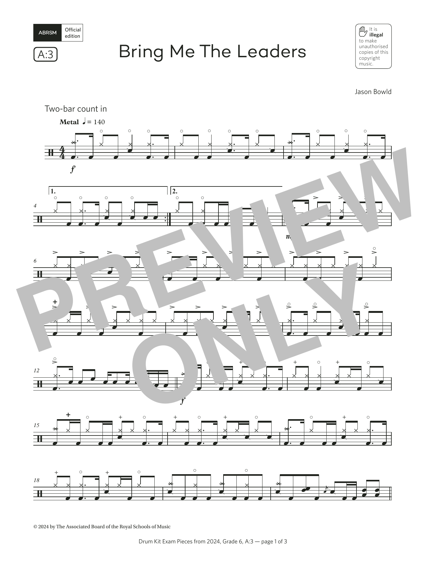 Download Jason Bowld Bring Me The Leaders (Grade 6, list A3, from the ABRSM Drum Kit Syllabus 2024) Sheet Music and learn how to play Drums PDF digital score in minutes