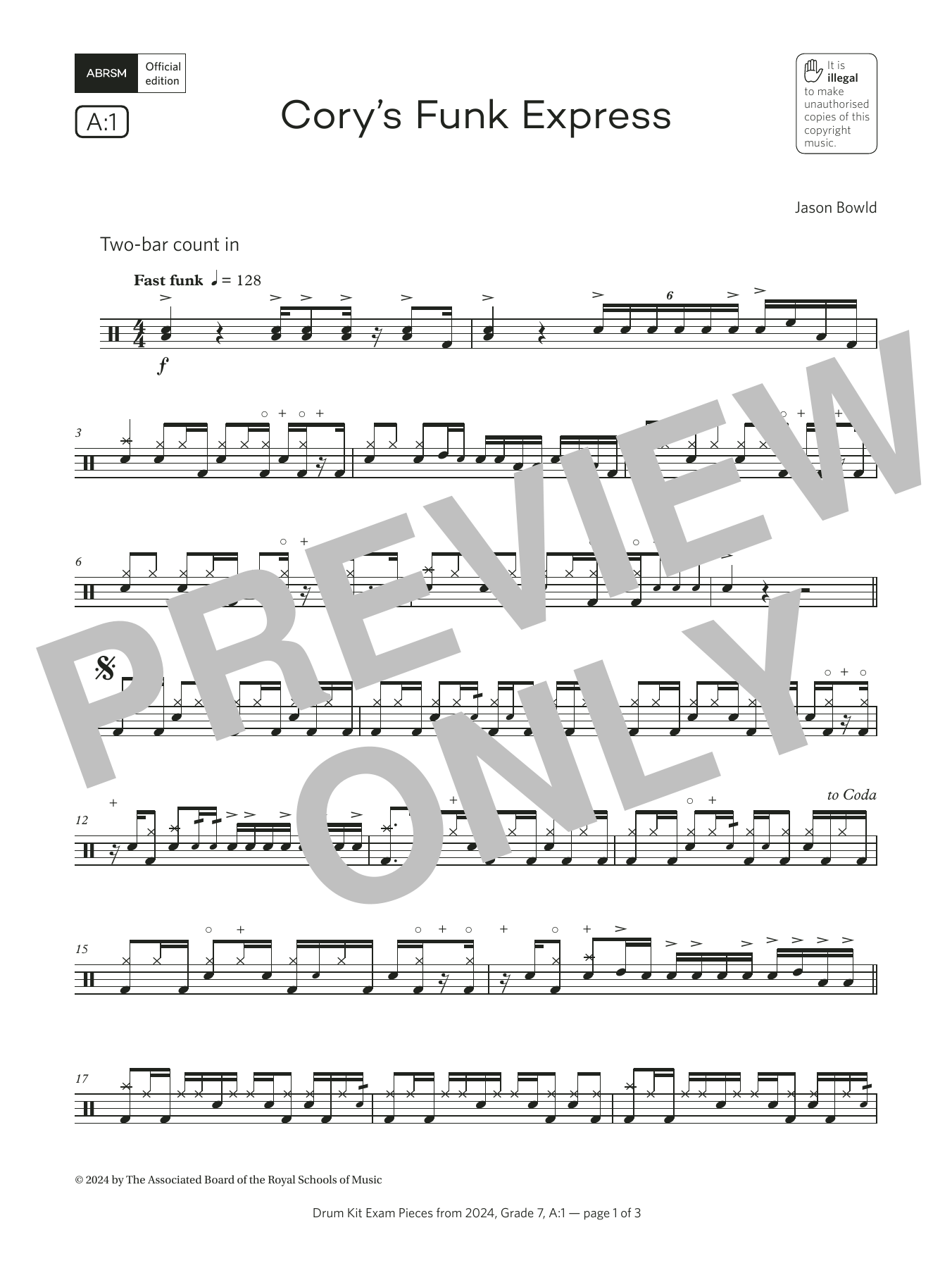 Download Jason Bowld Cory's Funk Express (Grade 7, list A1, from the ABRSM Drum Kit Syllabus 2024) Sheet Music and learn how to play Drums PDF digital score in minutes