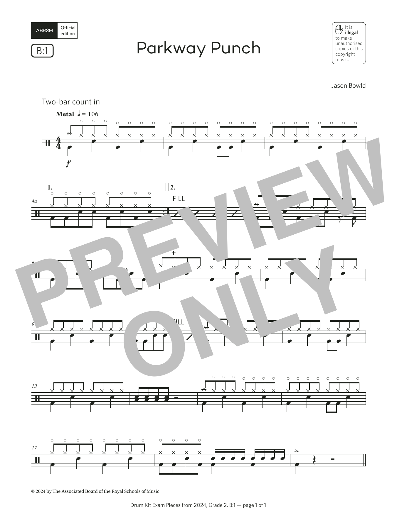 Download Jason Bowld Parkway Punch (Grade 2, list B1, from the ABRSM Drum Kit Syllabus 2024) Sheet Music and learn how to play Drums PDF digital score in minutes
