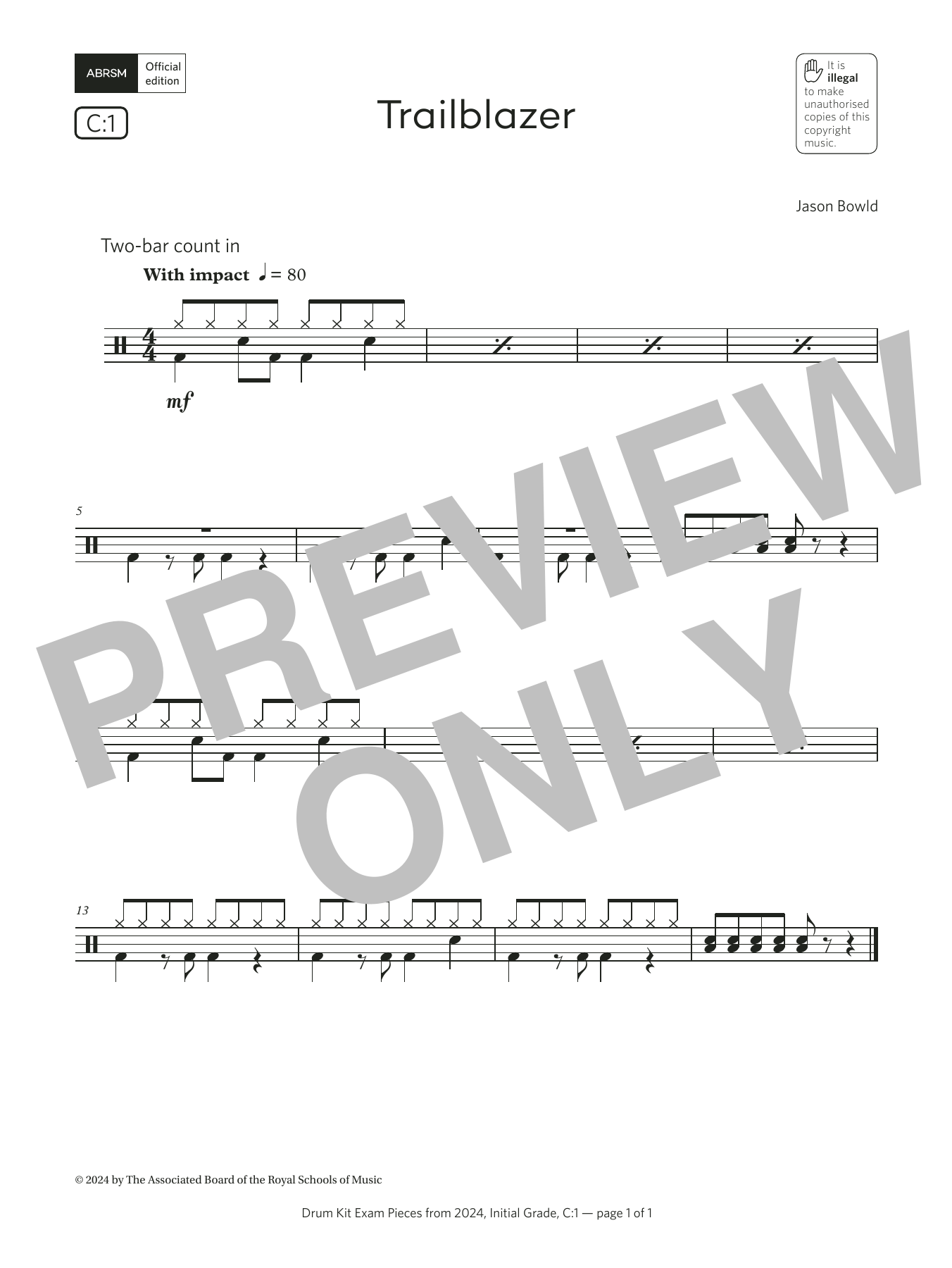 Download Jason Bowld Trailblazer (Grade Initial, list C1, from the ABRSM Drum Kit Syllabus 2024) Sheet Music and learn how to play Drums PDF digital score in minutes
