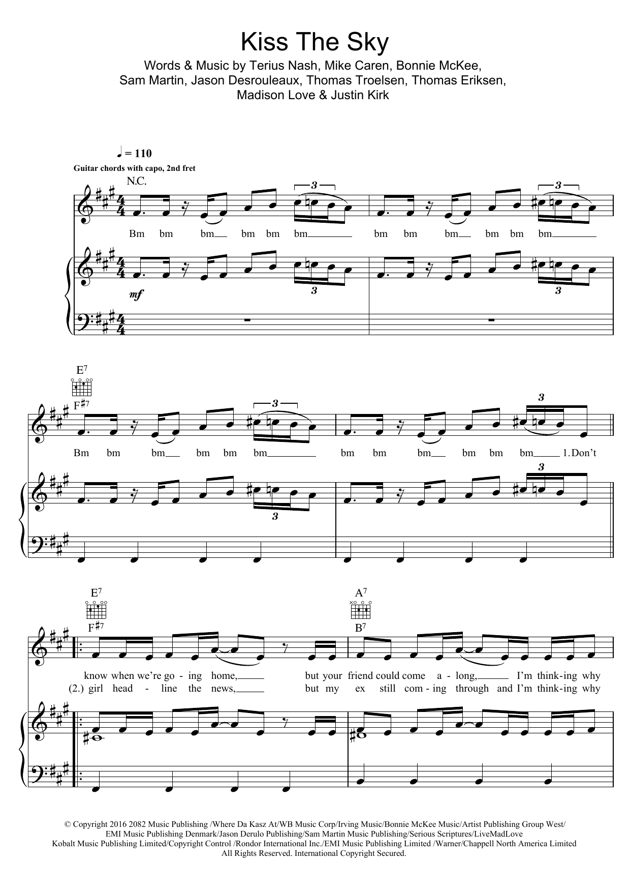 Download Jason Derulo Kiss The Sky Sheet Music and learn how to play Piano, Vocal & Guitar (Right-Hand Melody) PDF digital score in minutes