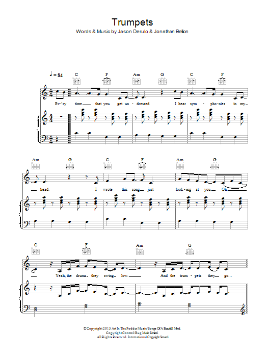 Download Jason Derulo Trumpets Sheet Music and learn how to play Piano, Vocal & Guitar (Right-Hand Melody) PDF digital score in minutes