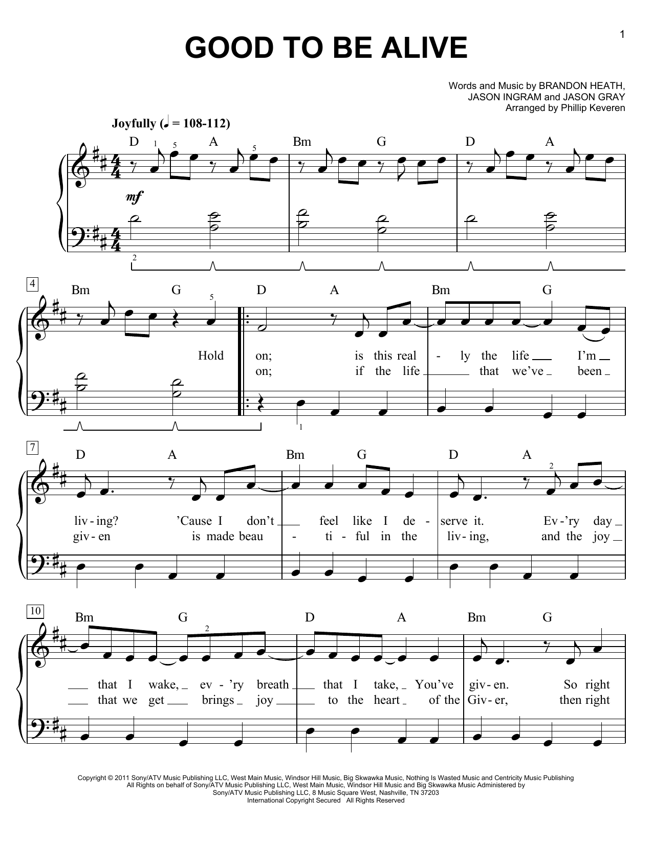 Download Jason Ingram Good To Be Alive Sheet Music and learn how to play Easy Piano PDF digital score in minutes