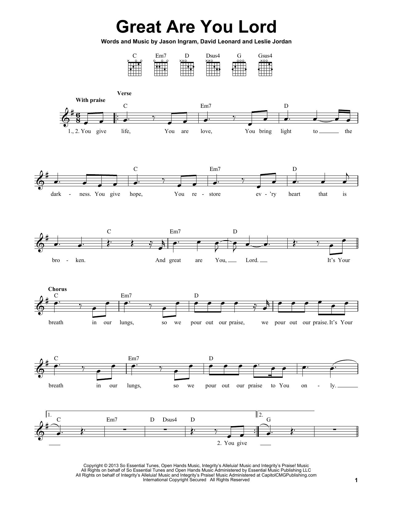Download Jason Ingram Great Are You Lord Sheet Music and learn how to play Melody Line, Lyrics & Chords PDF digital score in minutes