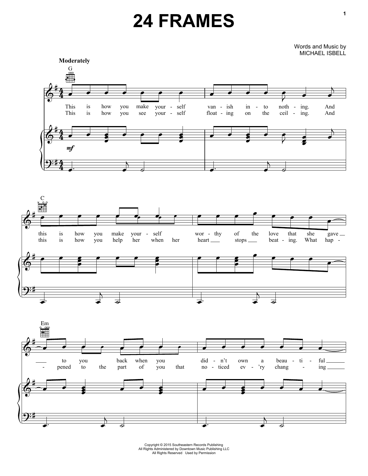 Download Jason Isbell 24 Frames Sheet Music and learn how to play Piano, Vocal & Guitar Chords (Right-Hand Melody) PDF digital score in minutes
