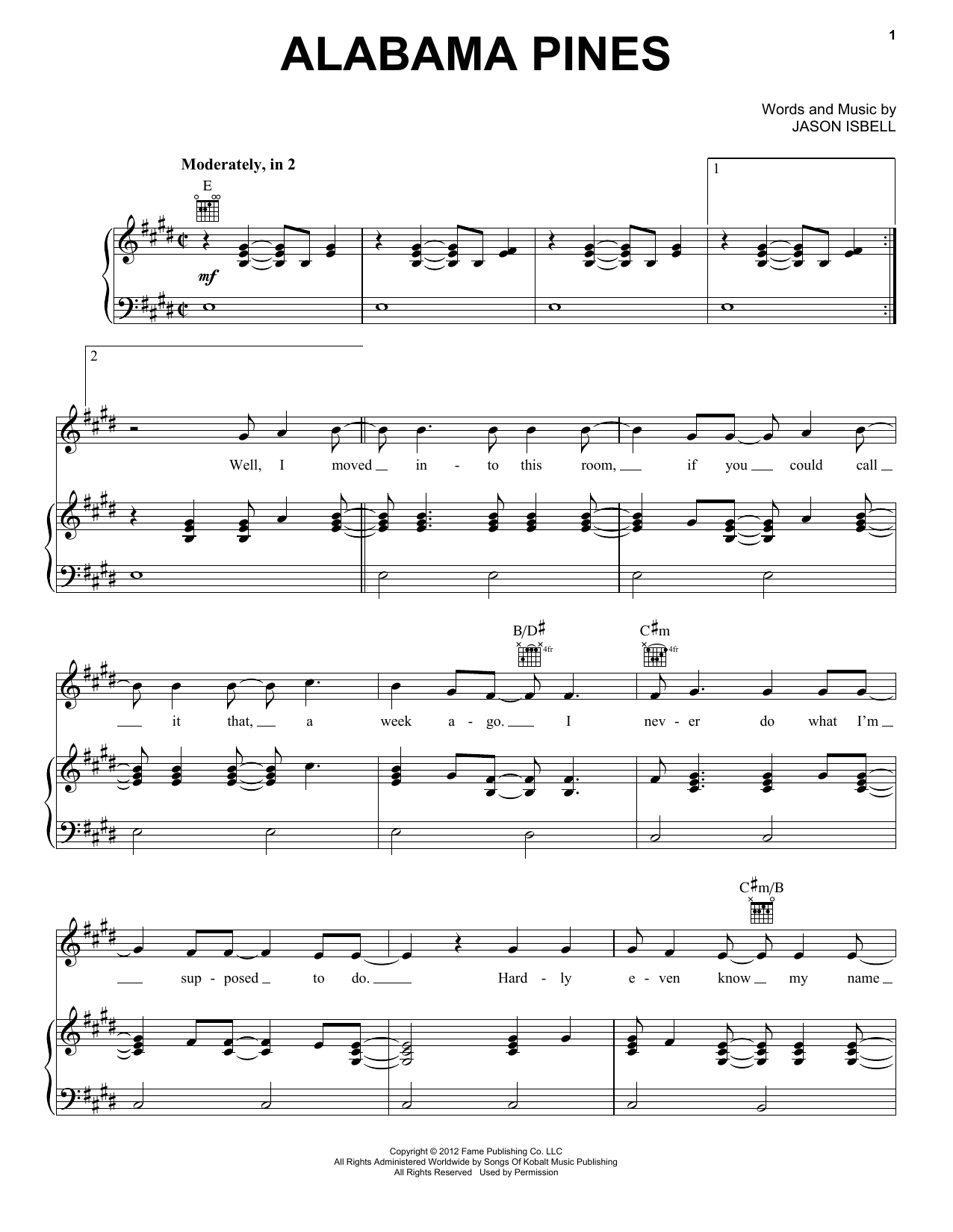 Download Jason Isbell & The 400 Unit Alabama Pines Sheet Music and learn how to play Piano, Vocal & Guitar Chords (Right-Hand Melody) PDF digital score in minutes